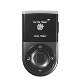 D CENT Biometric Wallet front view showing Verify Finger screen with fingerprint sensor and navigation pad