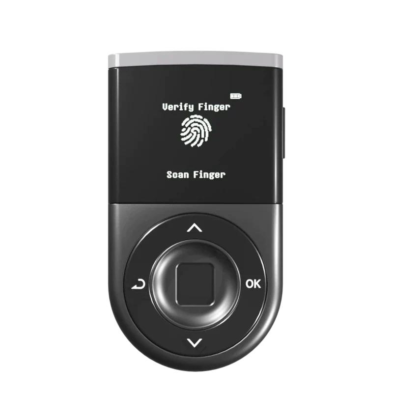 D CENT Biometric Wallet front view showing Verify Finger screen with fingerprint sensor and navigation pad