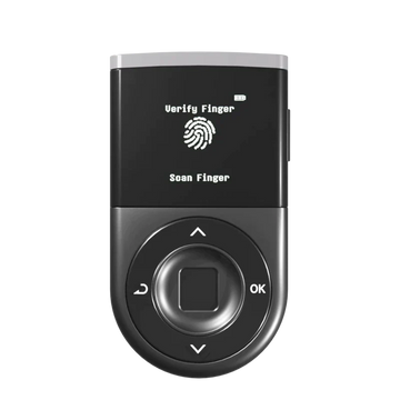 D CENT Biometric Wallet front view showing Verify Finger screen with fingerprint sensor and navigation pad