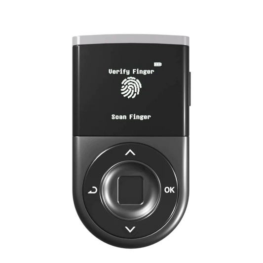 D CENT Biometric Wallet front view showing Verify Finger screen with fingerprint sensor and navigation pad