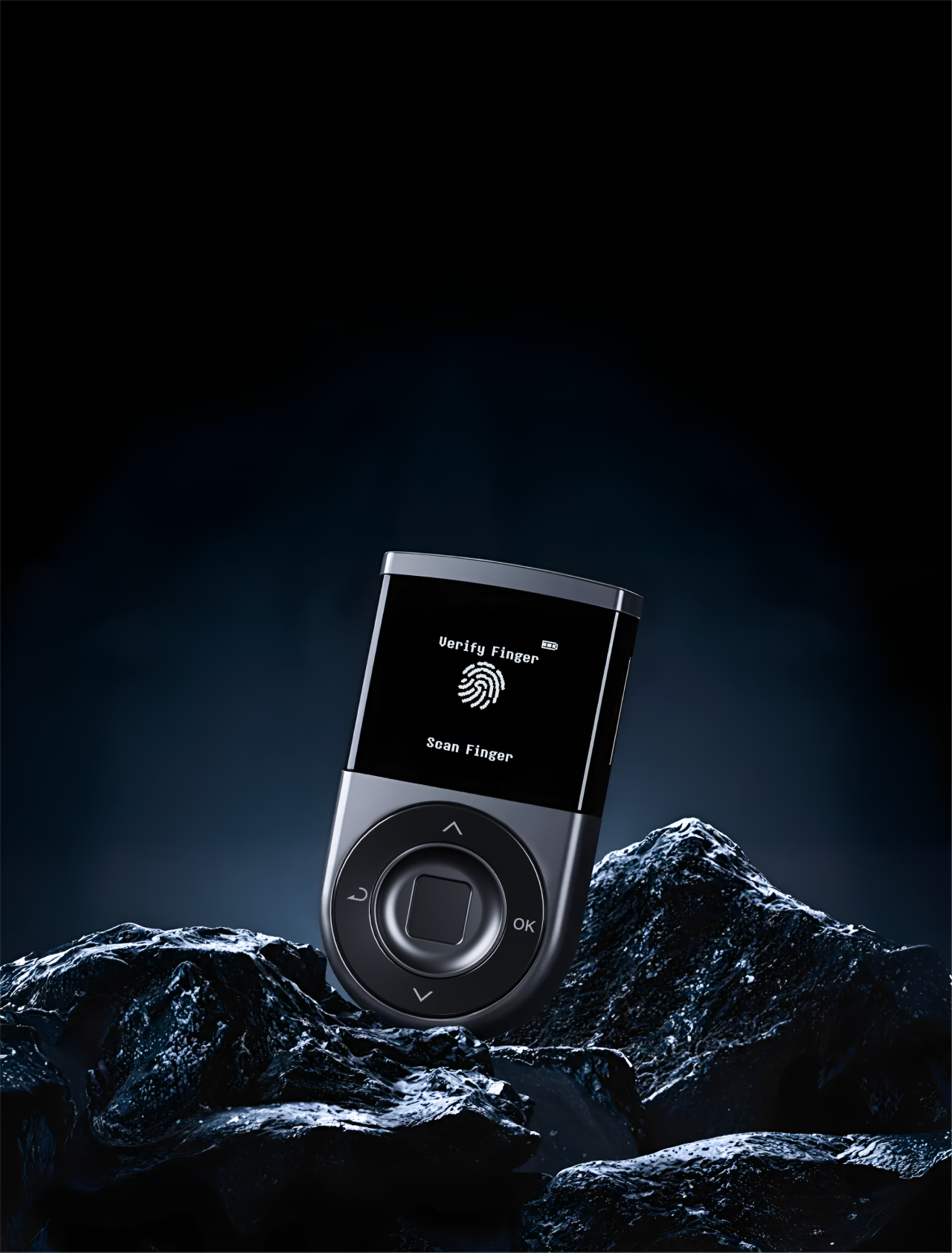 DCENT Biometric Wallet on a rocky landscape